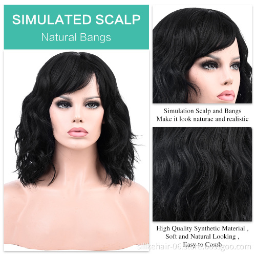 Daily Use Heat Resistant Blonde Vine Purple Pink Color Silky Curly Wig For Women Synthetic Short Water Wavy Wigs With Bangs